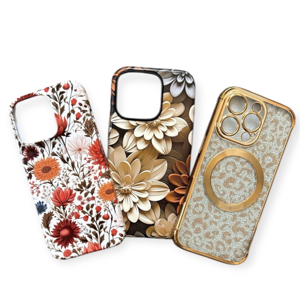 iPhone 16 Pro floral and gold phone case bundle